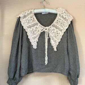 Want Womens Crochet Collar Black/White Houndstooth Dolman Sleeve Blouse Boho